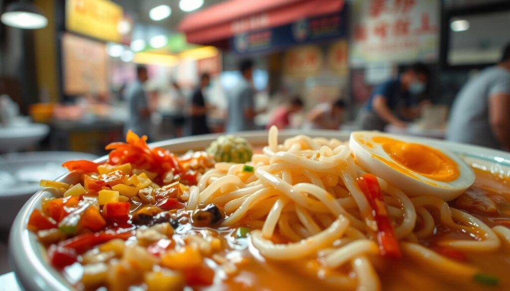 A close-up shot of a steaming bowl of mee rebus, garnished with a variety of toppings. In the foreground, an assortment of customization options are displayed, including chopped chilies, fried shallots, hard-boiled eggs, and a drizzle of sweet and savory sauce. The middle ground showcases the noodles, cooked to perfection and soaked in a rich, aromatic broth. In the background, a blurred image of a bustling hawker center, capturing the lively atmosphere of a Singaporean street food experience. Soft, natural lighting illuminates the scene, highlighting the vibrant colors and textures of the dish. The overall composition invites the viewer to imagine the satisfying flavors and textures of the perfect mee rebus.