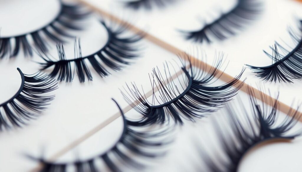 A close-up shot of various lash extension styles arranged in a visually appealing manner. The extensions are presented in a soft, natural lighting, with a shallow depth of field to focus the viewer's attention on the delicate details. The lashes range from wispy and fluttery to bold and voluminous, showcasing a diverse array of looks that can be achieved with professional lash treatments. The overall mood is one of elegance and sophistication, inviting the viewer to imagine the transformative power of lash extensions.