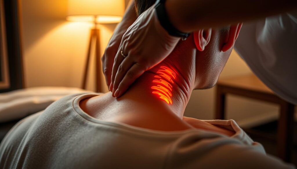 A close-up view of a chiropractor's hands carefully examining a patient's neck and spine, assessing the alignment and identifying any areas of tension or misalignment. The patient is lying on a massage table in a tranquil, dimly lit treatment room, with soft lighting from a lamp casting a warm, soothing glow. The chiropractor's movements are precise and deliberate, their expression one of focused concentration as they evaluate the patient's condition. The scene conveys a sense of expertise, care, and the potential for relief from neck pain through expert chiropractic intervention.
