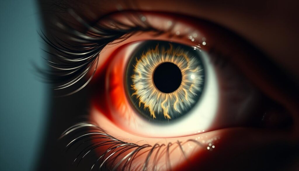A close-up view of a human eye, its iris and pupil in focus, with the surrounding retina showing signs of glaucoma and diabetic retinopathy. The image is lit from the side, casting dramatic shadows and highlights to emphasize the textural details of the eye. The background is a soft, out-of-focus gradient, keeping the viewer's attention on the intricate structures of the eye. The overall mood is one of medical precision and clinical examination, conveying the importance of specialized eye care to address these common yet serious conditions.