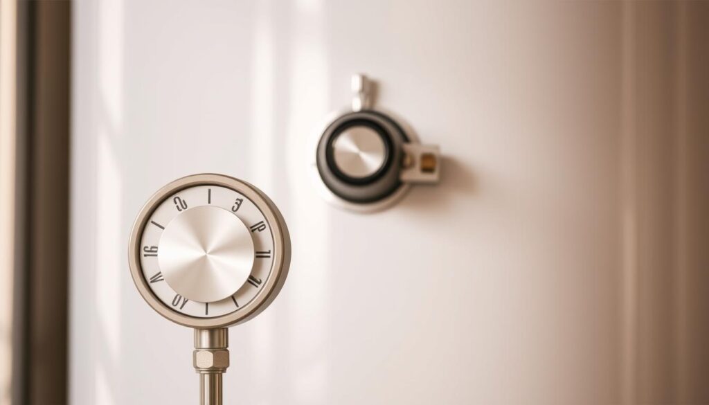 A close-up view of a modern water heater, showcasing its safety features. In the foreground, the temperature control dial stands prominently, its markings clearly visible under soft, diffused lighting. In the middle ground, the pressure relief valve and emergency shut-off switch are displayed, their functions and importance emphasized. The background reveals the water heater's sleek, minimalist design, with a subtle play of shadows and highlights that accentuate its safety-focused engineering. The overall scene conveys a sense of reliability and attention to detail, perfectly suited to illustrate the "Safety Considerations for Water Heaters" section of the article.