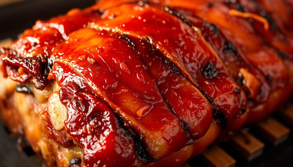 A close-up view of a perfectly roasted pork belly, showcasing its crispy golden-brown skin and succulent, juicy meat. The pork glistens under warm, soft lighting, giving it an inviting and mouthwatering appearance. The image is captured at a slight diagonal angle, highlighting the texture and layers of the meat. The background is subtly blurred, keeping the focus on the star of the dish - the crispy, caramelized pork belly. The overall atmosphere is one of culinary indulgence and high-quality craftsmanship, befitting a signature dish from the "Char Siu Lang" section of the article.