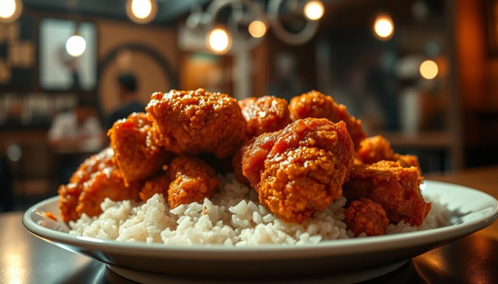 A close-up view of a plate of sizzling hot, crispy-fried chicken pieces, freshly cooked in a Singaporean-style kitchen. The chicken is coated in a vibrant, reddish-orange spice blend, glistening with oil. Steaming hot, it sits atop a bed of fragrant, aromatic white rice. The background features a blurred, dimly lit restaurant interior, suggesting a casual, cozy ambiance. The lighting is warm and inviting, casting a soft glow on the delectable dish. The angle is slightly elevated, emphasizing the juicy, tender texture of the chicken and the mouthwatering appeal of the meal.