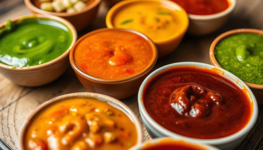 A close-up view of several small bowls filled with vibrant, aromatic sauces and condiments. The bowls are arranged on a wooden table, with a soft, diffused light illuminating the scene. The sauces range in color from deep brown to vibrant green, each with its own unique texture and sheen. The arrangement is carefully composed, with the bowls strategically placed to create a sense of depth and visual interest. The image conveys a sense of mystery and intrigue, hinting at the complex flavors and hidden recipes that make up the signature rojak sauces of Singapore.