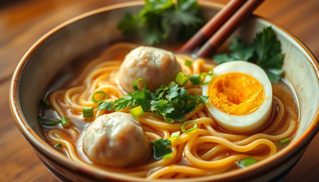 A closeup shot of a steaming bowl of premium fishball noodles, with a crisp and golden-brown surface. The noodles are perfectly al dente, nestled in a savory, aromatic broth. Juicy, springy fishballs and vibrant garnishes of fresh scallions, coriander, and a soft-boiled egg create a visually compelling and appetizing scene. Warm, diffused lighting casts a cozy glow, highlighting the dish's rich textures and colors. The composition is balanced, with the noodles and fishballs taking center stage, framed by the simple yet elegant tableware. This image captures the essence of a quintessential, high-quality fishball noodle dish.