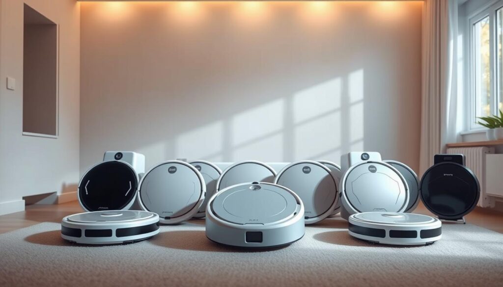 A cluster of budget-friendly robot vacuums stands proudly in a well-lit, modern home setting. The sleek, compact designs in neutral tones blend seamlessly with the minimalist decor. Soft shadows cast by the robotic cleaners create a sense of depth, while warm lighting from above casts a welcoming glow. The devices are arranged in a visually appealing layout, showcasing their user-friendly features and practical functionality. The overall scene conveys a sense of efficiency, practicality, and a touch of futuristic elegance, perfectly capturing the essence of "Best Budget Robot Vacuums in Singapore".