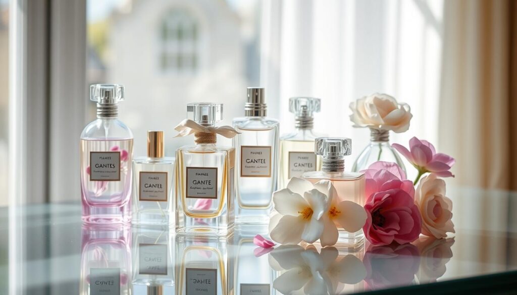 A cluster of exquisite floral perfume bottles arranged on a sleek, mirrored surface, reflecting the delicate petals and intricate designs. The bottles are photographed in natural window light, casting soft, diffused shadows that add depth and dimension. The scene evokes a sense of luxury, femininity, and the alluring scents of the finest floral fragrances. The background is subtly blurred, keeping the focus on the beautifully crafted perfume bottles in the foreground.