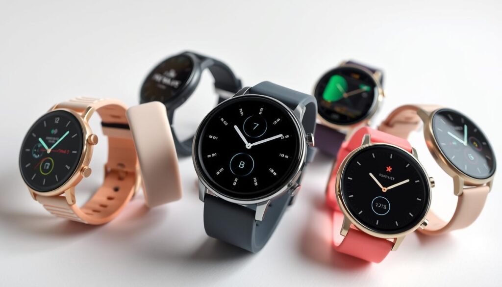 A collection of smartwatches showcasing their fitness tracking capabilities. Sleek, modern designs in a variety of colors and materials, with crisp OLED displays and intuitive touchscreen interfaces. The watches are presented against a clean, minimalist background, with soft directional lighting highlighting their streamlined profiles and attention to detail. The scene conveys a sense of technological sophistication and wellness-focused functionality, embodying the seamless blend of tradition and innovation that defines the modern smartwatch.