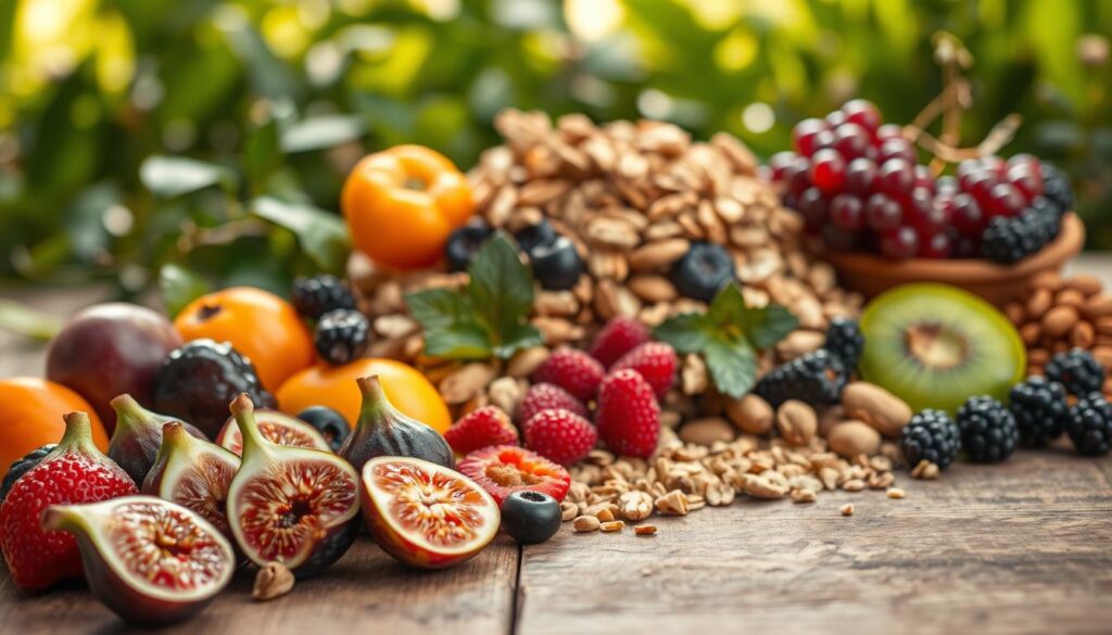 A colorful, visually-appetizing still life showcasing a variety of fresh, healthy fruit cake alternatives. In the foreground, an assortment of vibrant fruits such as figs, dates, apricots, and berries, artfully arranged on a rustic wooden surface. The middle ground features a selection of wholesome nuts, seeds, and granola, adding texture and visual interest. In the background, a lush, verdant backdrop evokes a sense of natural, organic goodness. Soft, warm lighting gently illuminates the scene, creating a cozy, inviting atmosphere. The overall composition conveys a delightful, guilt-free indulgence - a tempting and nutritious alternative to traditional heavy fruit cakes.