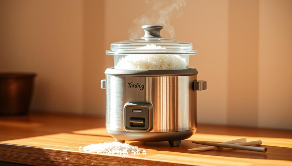 A compact, minimalist rice cooker standing on a wooden kitchen counter, bathed in warm, natural lighting. The appliance features a sleek, brushed metal body with a transparent glass lid, allowing a glimpse of the steaming, freshly cooked rice within. The control panel displays simple, intuitive settings, perfect for small-scale meal preparation. Nearby, a few whole grains of rice and a pair of chopsticks add a touch of authenticity to the scene, conveying the appliance's purpose and the modest, yet refined, culinary setting.