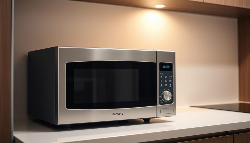 A compact, stylish microwave oven resting on a sleek, minimalist kitchen counter. The microwave has a clean, brushed metal exterior and a digital control panel with intuitive buttons. Soft, indirect lighting from above casts a warm glow, highlighting the appliance's modern design. The scene conveys a sense of efficiency and sophistication, perfectly suited for a small, urban kitchen. The microwave is the focal point, positioned to showcase its compact dimensions and seamless integration into the limited counter space. The background is slightly blurred, keeping the attention on the well-designed, space-saving microwave.
