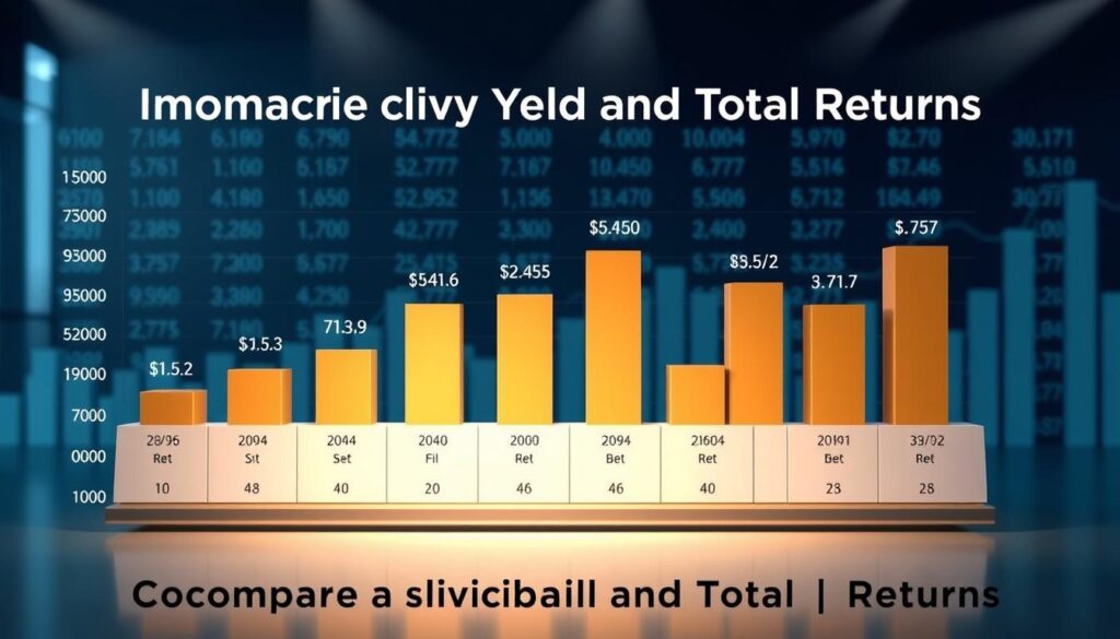 A comparative bar chart depicting the dividend yields of several prominent REITs, set against a sleek, modern financial backdrop. The chart is meticulously detailed, with precisely rendered bars, clear labeling, and a sophisticated color palette. The scene is illuminated by soft, directional lighting, creating depth and emphasizing the financial data. The overall composition conveys an air of professionalism and data-driven decision-making, perfectly suited to illustrate the "Comparing Dividend Yields and Total Returns" section of the article.