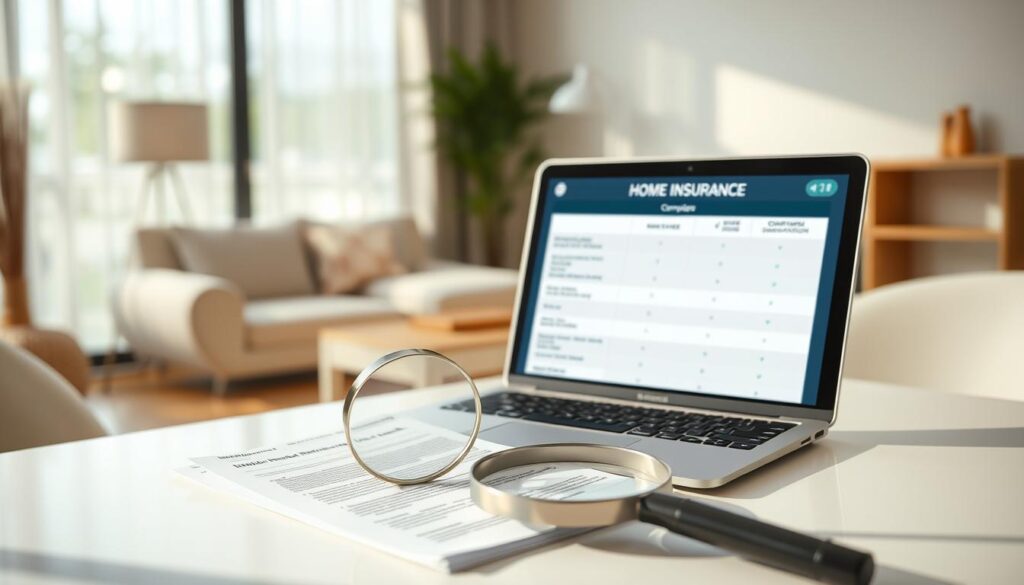 A comparison of the best home insurance plans in Singapore, displayed on a sleek, minimalist desktop. In the foreground, neatly arranged insurance policy documents, with a magnifying glass hovering over them, conveying a sense of careful evaluation. The middle ground features a laptop displaying a comprehensive comparison table, with clear pricing, coverage, and customer satisfaction data. The background is a warm, soft-focused scene of a cozy, well-lit living room, suggesting the importance of home protection. Crisp, natural lighting casts a professional, trustworthy atmosphere, while the overall composition emphasizes the thoughtful decision-making process for selecting the optimal home insurance plan.