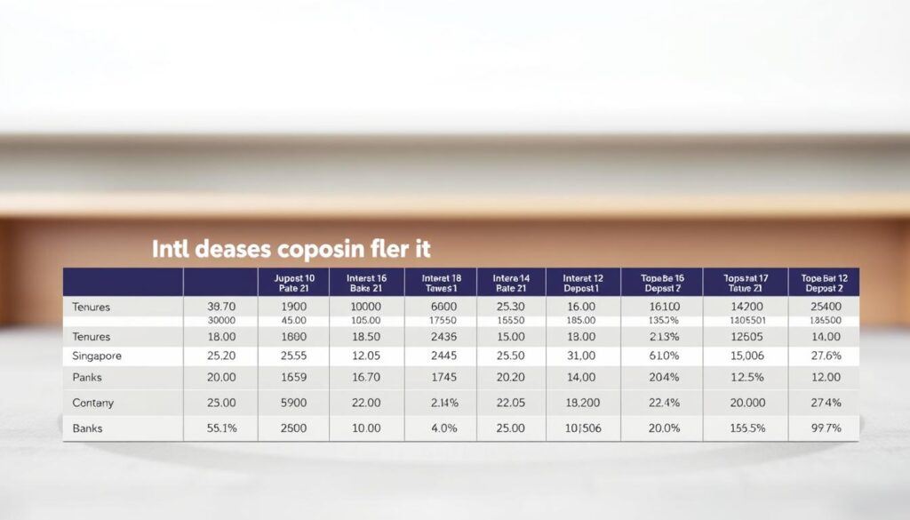 A contemporary and visually striking illustration of fixed deposit interest rate comparison, captured with a crisp, high-resolution camera lens. The foreground depicts a clean, minimalist table with neatly arranged columns showcasing the varying interest rates and tenures of top banks in Singapore. The middle ground features clean, geometric shapes and lines in a muted color palette, creating a sense of order and professionalism. The background subtly blurs, drawing the viewer's attention to the key information in the foreground. The overall scene is well-lit, with soft, directional lighting that accentuates the clarity of the data presentation. The mood is one of confidence, clarity, and financial expertise.