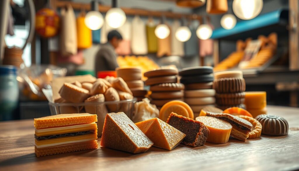 A contrasting still life showcasing the evolution of traditional and modern Singaporean kueh. In the foreground, a classic kueh lapis with its vibrant layers and intricate pattern, sitting alongside a sleek, contemporary reinterpretation - a deconstructed kueh with bold shapes and minimalist styling. The middle ground features an array of traditional kueh varieties, their familiar shapes and textures juxtaposed with avant-garde kueh creations, playing with unexpected flavors and presentation. In the background, a softly lit, rustic hawker stall setting provides context, hinting at the rich heritage and evolving culinary landscape. Lit by warm, natural light, the image captures the timeless allure of these beloved Singaporean delicacies.