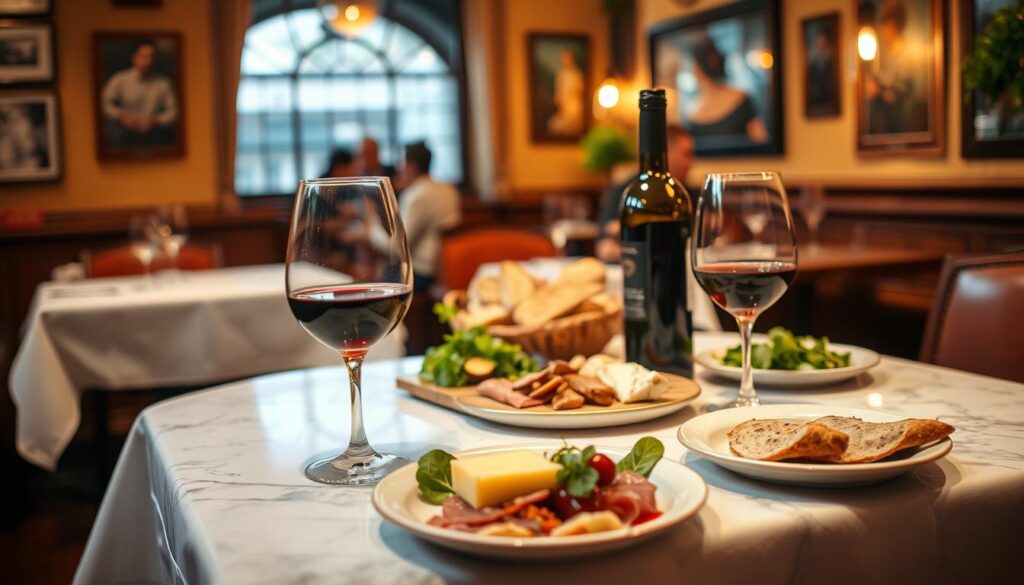 A cozy French bistro interior, warm lighting casting a soft glow over a marble-topped table set with a crisp white tablecloth. In the foreground, a bottle of rich red wine and two wine glasses, the liquid sparkling as if freshly poured. On the table, an assortment of small plates featuring classic French fare - a charcuterie board with cured meats and aged cheeses, a basket of freshly baked baguettes, and a simple green salad dressed in a tangy vinaigrette. The background is filled with the gentle hum of conversation and the clinking of glasses, creating an intimate, inviting atmosphere.