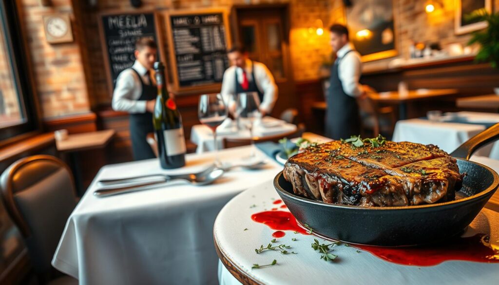A cozy French bistro scene, captured in warm, golden light. In the foreground, a juicy steak sizzles on a cast-iron skillet, surrounded by a scattering of fresh herbs and a drizzle of rich, red wine sauce. The middle ground features a linen-clad table, set with gleaming silverware and a bottle of robust Bordeaux. In the background, a vintage chalkboard menu hangs on the exposed brick wall, while waiters in crisp white shirts and black aprons move gracefully between the small, intimate tables. The atmosphere is one of relaxed elegance, inviting the diner to savor every bite of this quintessential French steak experience.