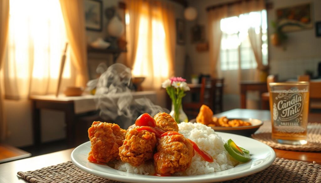 A cozy Indonesian kitchen, illuminated by warm, natural light filtering through sheer curtains. In the foreground, a generous plate of steaming ayam penyet, the crispy fried chicken served with a vibrant sambal sauce and accompanied by fragrant white rice, fresh vegetables, and a side of crunchy fried tempeh. The middle ground showcases a simple, rustic table setting with a woven placemat, a small vase of fresh flowers, and a glass of cool, refreshing ice tea. In the background, glimpses of modest home decor, hinting at a humble, budget-friendly establishment where the focus is on authentic, flavorful cuisine.