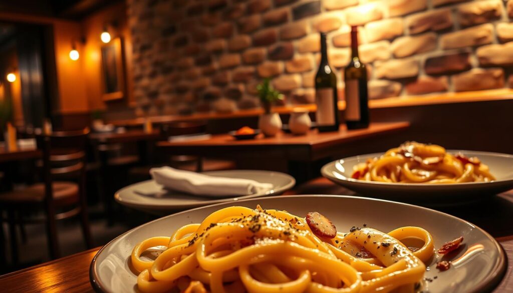 A cozy Italian restaurant interior, dimly lit with warm, golden hues. In the foreground, a plate of classic carbonara pasta, the creamy sauce glistening with parmesan and flecks of black pepper. Twirls of al dente spaghetti, nestled among crispy guanciale or pancetta. Nearby, another plate showcases the signature dish, the golden egg yolk oozing into the rich, velvety sauce. The middle ground features a wooden table, accented with a bottle of full-bodied red wine and a simple, rustic centerpiece. In the background, a brick wall with worn, textured surfaces sets the stage for this authentic Italian culinary experience.