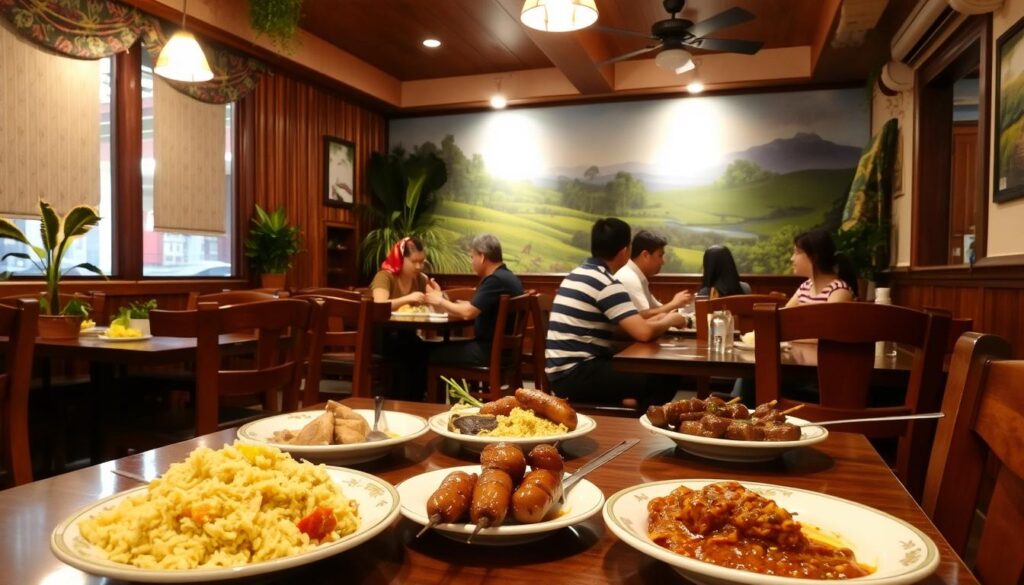 A cozy Malaysian restaurant interior, with warm lighting and wooden furnishings. In the foreground, a table is set with traditional Malaysian dishes - nasi goreng, rendang, and satay skewers. In the middle ground, diners are enjoying their meals, engaging in lively conversation. The background features decorative elements like batik textiles, potted plants, and a mural depicting a Malaysian landscape. The overall atmosphere is inviting, with a sense of cultural authenticity and community.