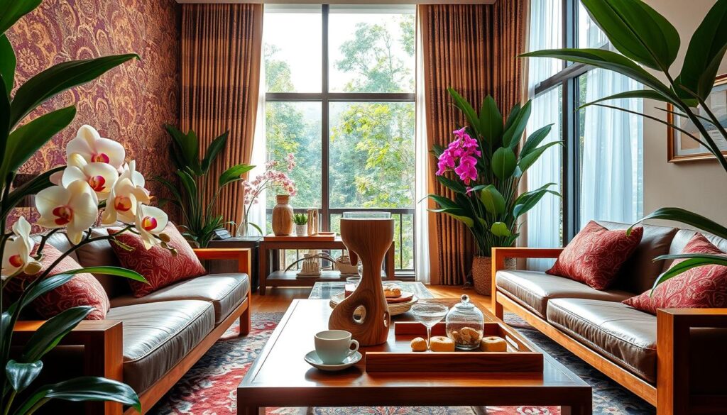 A cozy Singaporean living room with intricate batik textiles adorning the walls, complemented by sleek, modern furniture in warm wood tones. Vibrant orchids and lush, tropical foliage frame the scene, casting a soft, natural light through the large windows. A carved wooden sculpture of a Singapore Sling cocktail stands proudly on the coffee table, surrounded by delicate porcelain teacups and a tray of traditional Singaporean snacks. The overall atmosphere evokes a harmonious blend of traditional and contemporary Singaporean design.