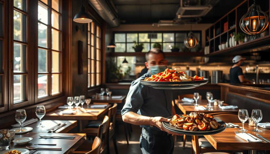 A cozy Spanish restaurant nestled in the heart of Singapore, Binomio beckons with its warm, inviting ambiance. Sunlight filters through large windows, casting a soft glow over the rustic, wooden accents and vibrant tapas plates adorning the tables. In the foreground, a server carrying a tray of freshly grilled gambas al ajillo and pan-seared octopus with smoked paprika oil weaves through the intimate dining space. Beyond, a glimpse of the open kitchen reveals the culinary team expertly crafting an array of authentic Spanish dishes. The scene exudes a sense of conviviality and passion for the art of tapas, transporting patrons to the lively streets of Barcelona.