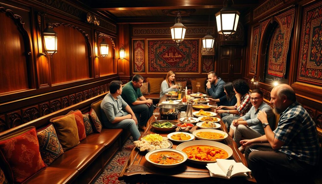 A cozy Turkish restaurant, its warm lighting casting a golden glow over a group of friends gathered around a long, ornately carved wooden table. Pillowed benches line the walls, inviting guests to sink into their comfort. In the foreground, an array of colorful meze dishes and steaming pots of fragrant stew await eager diners. The middle ground features the vibrant chatter of lively conversation, punctuated by laughter and the occasional clink of glasses. In the background, a glimpse of traditional Turkish decor - ornate rugs, hanging lanterns, and intricate tile work - sets the stage for an authentic, immersive group dining experience.