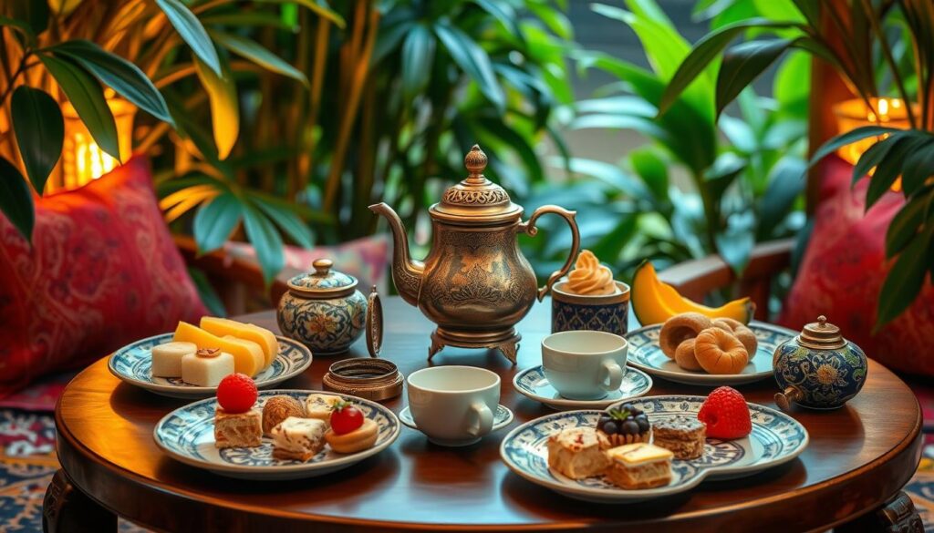 A cozy afternoon tea setting featuring an array of local Singaporean delicacies. A low wooden table is adorned with intricately patterned ceramic plates holding bite-sized pastries, savory bites, and colorful tropical fruits. Vibrant, warm lighting casts a soft glow, creating an inviting and intimate ambiance. In the background, lush, verdant foliage frames the scene, hinting at the tropical locale. Delicate teacups and an ornate teapot take center stage, surrounded by traditional Peranakan-inspired textiles and accessories. The overall composition exudes a sense of cultural authenticity and culinary delight, perfectly capturing the essence of a quintessential Singaporean afternoon tea experience.