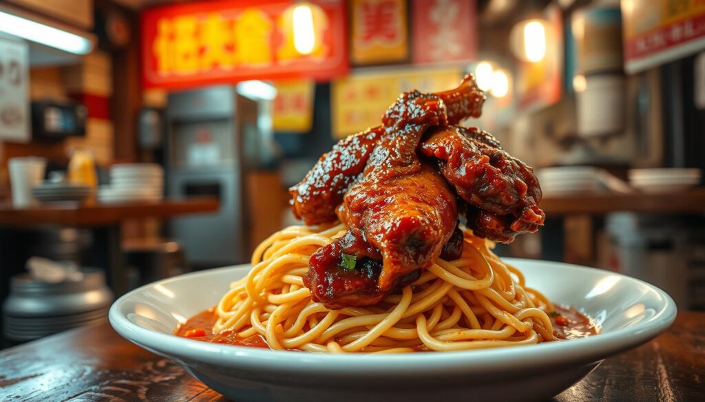 A cozy and authentic Singaporean roast duck stall in Jurong East, with a delectable Bib Gourmand-awarded roast duck dish taking center stage. The duck is perfectly crispy on the outside, juicy and tender on the inside, served atop a bed of springy noodles in a savory sauce. The stall's rustic, homely atmosphere is captured through warm lighting, wooden tables, and the aroma of fragrant spices wafting through the air. The image showcases the dish in an enticing close-up, highlighting its mouthwatering details and the vibrant colors of the noodles and garnishes, inviting the viewer to indulge in this local culinary delight.
