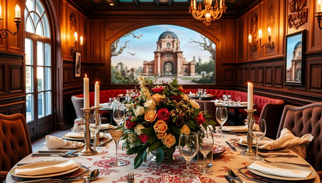 A cozy and enchanting themed dining experience, set in a warm and inviting atmosphere. The foreground features an elaborately decorated table with a mix of modern and vintage tableware, candlesticks, and a lush floral centerpiece. The middle ground showcases a tastefully designed interior, with intricate wall paneling, large windows letting in soft, natural lighting, and plush upholstered seating. In the background, a captivating mural or projection creates a cinematic ambiance, transporting diners to a unique, immersive setting. The overall scene evokes a sense of whimsy, attention to detail, and a delightful escape from the ordinary.