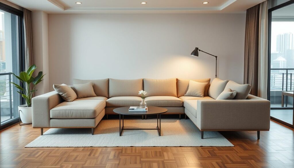 A cozy and functional living room with a sleek, space-saving sofa arrangement, perfectly suited for a Singapore home. The sofa features a minimalist design with clean lines, a low profile, and modular components that can be rearranged to fit the room's layout. Soft, neutral-toned upholstery creates a warm and inviting ambiance, complemented by natural lighting streaming in through large windows. The composition emphasizes efficient use of space, showcasing how a well-designed sofa can maximize comfort and functionality in a compact urban setting.