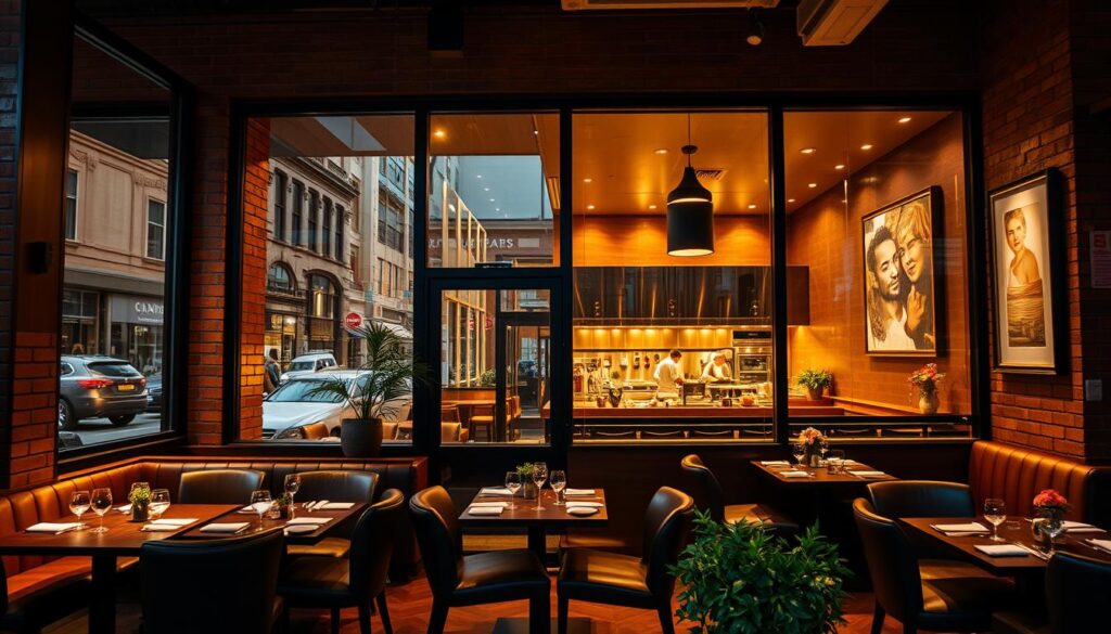 A cozy and inviting Crossroads Cuisine restaurant on Amoy Street, with an elegant facade of warm brick and large windows that spill warm, inviting light onto the bustling street outside. Inside, the atmosphere is modern and refined, with rich wood tones, plush leather seating, and subtly lit artwork on the walls. In the open kitchen, skilled chefs expertly prepare a menu that blends flavors and techniques from around the world, creating a harmonious and delightful dining experience. The scene is bathed in a soft, golden glow from the carefully placed lighting, creating an intimate and welcoming ambiance that draws in the discerning lunchtime crowd.