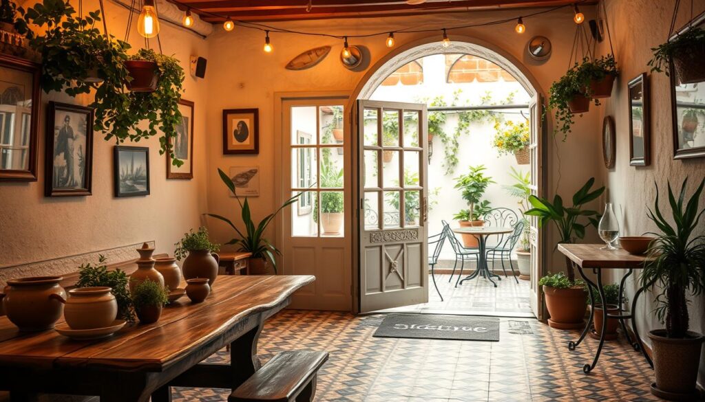 A cozy and inviting Greek taverna ambiance, bathed in warm, golden lighting. The foreground features a rustic wooden table set with traditional Greek pottery, earthenware, and fresh herbs. Middle ground showcases a vibrant, patterned tile floor and whitewashed walls adorned with hanging plants, string lights, and framed art pieces. In the background, a large, arched doorway opens onto a picturesque outdoor terrace, where wrought-iron furniture and verdant potted plants create a charming al fresco dining space. The overall atmosphere evokes the lively, convivial spirit of a beloved neighborhood tavern in Greece.
