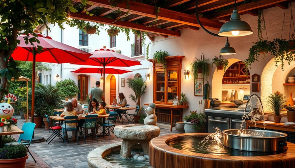 A cozy and inviting Mediterranean restaurant set against a backdrop of charming whitewashed buildings and lush greenery. The inviting outdoor terrace is adorned with colorful umbrellas and bistro-style tables, where families can enjoy a leisurely meal together. The interior is warm and welcoming, with rustic wooden accents, hanging plants, and soft ambient lighting that creates a relaxed, family-friendly atmosphere. The kitchen is visible through an open pass, showcasing the preparation of fresh, vibrant dishes. A playful fountain or water feature adds a soothing, refreshing element to the scene. The overall impression is one of a quintessential Mediterranean oasis, perfect for a family gathering or casual dining experience.
