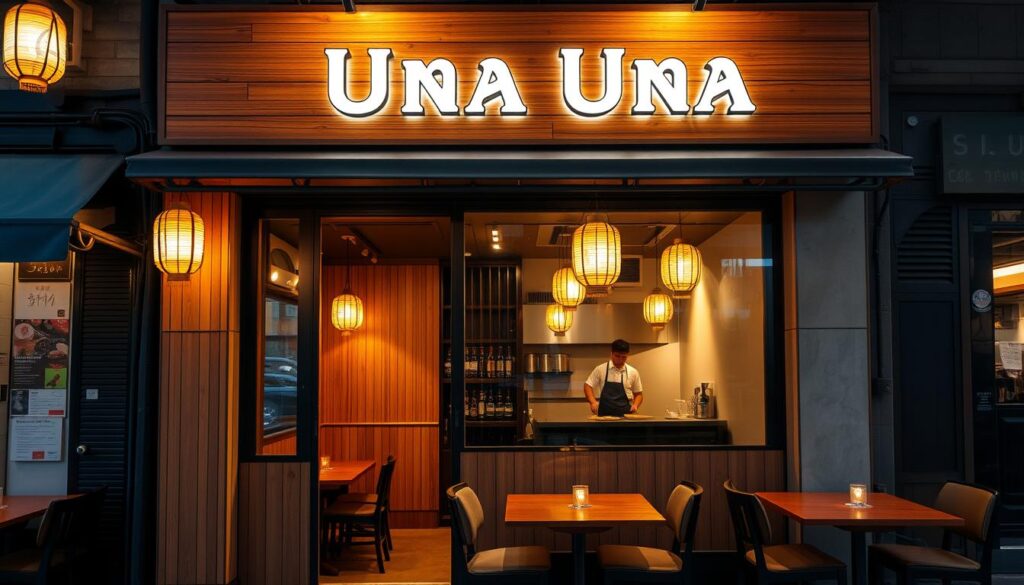 A cozy and inviting grilled eel restaurant, "Una Una", nestled in the heart of a vibrant Singapore street. The storefront features a warm, wood-paneled facade adorned with traditional Japanese lanterns, casting a soft, golden glow. Inside, the intimate dining area is illuminated by pendant lights, their light bouncing off the polished, minimalist tables and chairs. The air is permeated with the enticing aroma of perfectly grilled unagi, sizzling on the open kitchen's charcoal grill. Diners savor each bite, immersed in the restaurant's serene, authentic ambiance, a true haven for those seeking the finest unagi experience in the city.