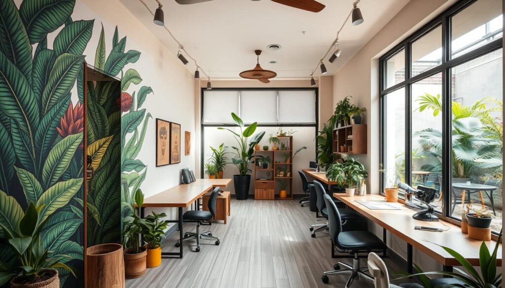 A cozy and inviting vegan-friendly tattoo studio nestled in the heart of Bali Lane, Singapore. The entrance features a vibrant mural showcasing lush tropical foliage, complemented by earthy tones and natural materials. Inside, the studio exudes a serene, minimalist ambiance with ample natural light filtering through large windows. The workspace is equipped with modern tattoo equipment, highlighting the studio's commitment to ethical and sustainable practices. In the background, a tranquil garden oasis provides a calming respite for clients. The overall atmosphere radiates a sense of harmony, creativity, and a deep respect for animal welfare, reflecting the ethos of Wild Paw Tattoo Co.