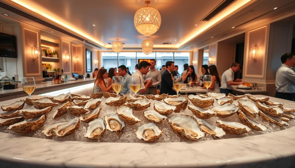 A cozy and vibrant oyster bar in the heart of Singapore, its warm lighting and lively atmosphere inviting guests to unwind. A sizable marble-topped counter dominates the foreground, displaying a tempting array of freshly shucked oysters on ice. In the middle ground, patrons cheerfully converse over chilled glasses of wine and crisp white plates. The background features a modern and minimalist decor, with clean lines and soft neutral tones complementing the focal point. An overall sense of relaxation and indulgence pervades the scene, capturing the perfect ambiance for an indulgent oyster happy hour experience.