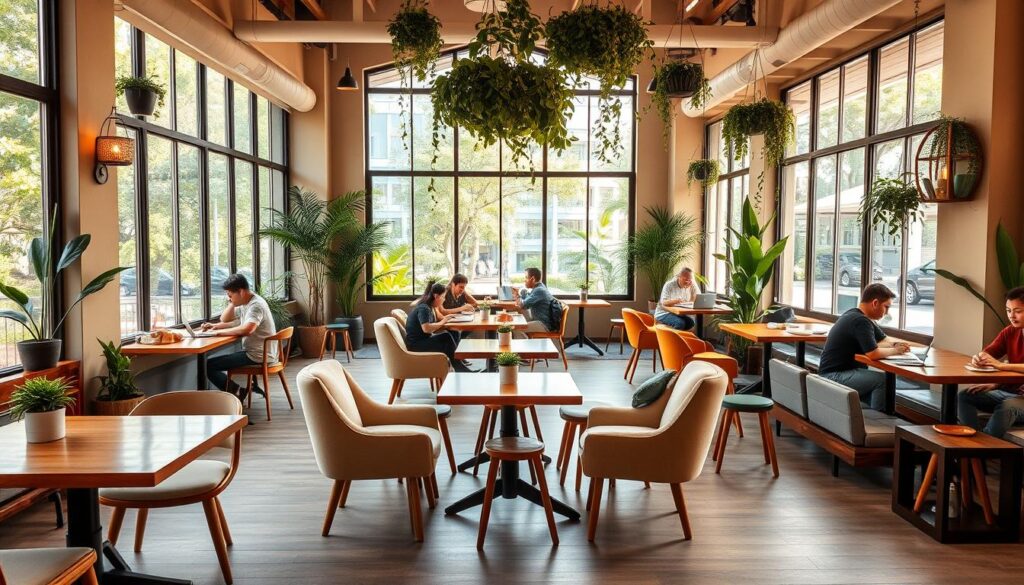 A cozy and vibrant remote work café in Singapore, bathed in warm, natural lighting from large windows overlooking lush greenery. The spacious, airy interior features an eclectic mix of mismatched furniture - wooden tables, plush armchairs, and trendy stools. Potted plants and hanging greenery create a serene, nature-inspired ambiance. Customers work intently on their laptops, sipping on artisanal coffees and indulging in freshly baked pastries. The mood is one of focused productivity and casual sophistication, making it an ideal setting for remote professionals to work in a comfortable, inspiring environment.