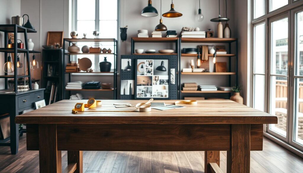 A cozy and well-lit room, with a large wooden table in the foreground. Atop the table, an array of measuring tapes, color swatches, and a stylish mood board featuring interior design inspirations. Soft natural light filters in through large windows, casting a warm glow over the scene. In the background, shelves filled with lighting fixtures in various styles - modern, rustic, and industrial. The overall atmosphere is one of thoughtful preparation, creativity, and anticipation for the lighting shopping journey ahead.