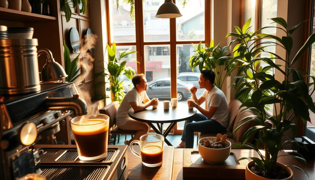 A cozy apartment café in Singapore, sunlight filtering through large windows, casting a warm glow on the wooden furnishings and lush indoor plants. In the foreground, a barista prepares a rich, aromatic espresso drink, the steam rising delicately. At the center, a group of friends engaged in lively conversation around a communal table, mugs in hand. The background reveals a neighborhood street scene, hinting at the bustling city beyond the café's tranquil interior. The atmosphere is one of community, comfort, and the celebration of exceptional coffee. A cozy apartment café in Singapore, sunlight filtering through large windows, casting a warm glow on the wooden furnishings and lush indoor plants. In the foreground, a barista prepares a rich, aromatic espresso drink, the steam rising delicately. At the center, a group of friends engaged in lively conversation around a communal table, mugs in hand. The background reveals a neighborhood street scene, hinting at the bustling city beyond the café's tranquil interior. The atmosphere is one of community, comfort, and the celebration of exceptional coffee.