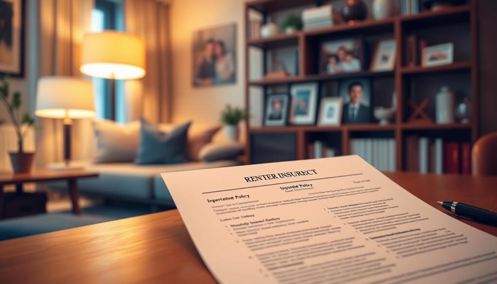A cozy apartment interior with a renter's insurance policy document prominently displayed on a wooden desk. Warm, soft lighting illuminates the scene, casting a gentle glow across the room. In the background, a bookshelf filled with personal mementos and a framed photograph of the renter's family. The policy document is neatly organized, with important coverage details highlighted, conveying a sense of financial security and protection. The overall atmosphere is one of comfort, responsibility, and peace of mind.