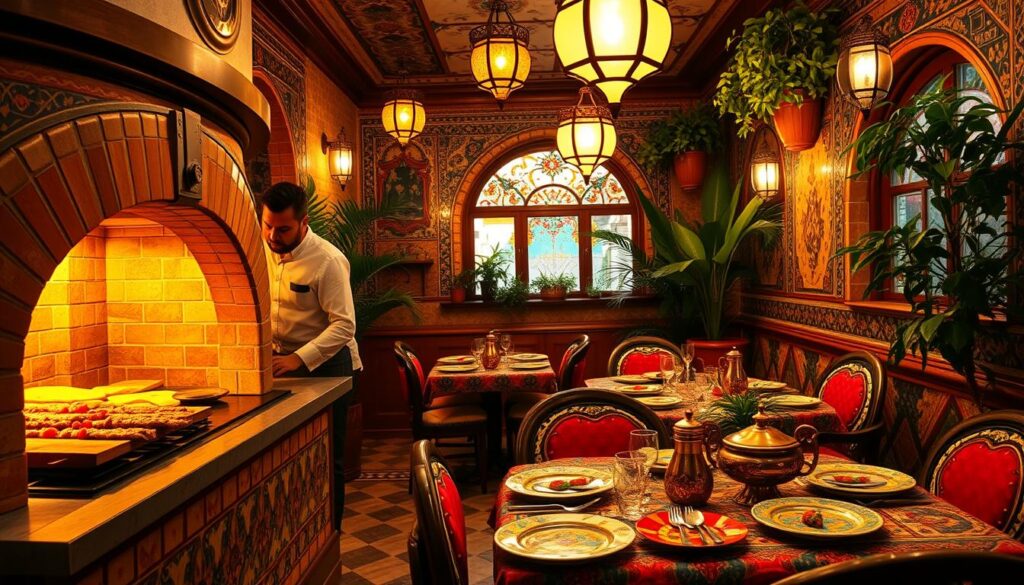 A cozy, authentic Turkish restaurant with vibrant decor and a warm, inviting atmosphere. The foreground features a traditional Turkish clay oven, with a skilled chef tending to freshly baked flatbreads and kebabs. In the middle ground, richly decorated tables are set with colorful ceramic plates, glasses of Turkish tea, and intricate copper serving vessels. The background showcases ornate tile work, hanging lanterns, and lush potted plants, creating an immersive, transportive ambiance. Soft, diffused lighting casts a golden glow, evoking the welcoming charm of a family-owned establishment. The overall scene conveys the essence of Turkish hospitality and the mouthwatering aromas of the cuisine.