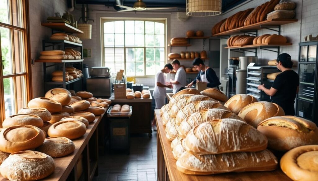 A cozy bakery nestled in the heart of Singapore, with natural light filtering through large windows, illuminating the display of freshly baked sourdough loaves. In the foreground, a wooden counter showcases an array of artisanal pastries and baked goods, their golden crusts and intricate designs enticing passersby. The middle ground features a team of skilled bakers, kneading dough and carefully shaping each loaf with practiced hands. In the background, the warm, inviting atmosphere is enhanced by the aroma of freshly baked bread and the chatter of satisfied customers. A sense of craftsmanship and attention to detail permeates the scene, capturing the essence of Singapore's finest sourdough bakeries.