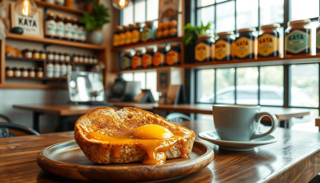 A cozy cafe interior with a vintage aesthetic, filled with the aroma of freshly brewed coffee. In the foreground, a wooden table showcases a classic Singaporean breakfast: golden-brown kaya toast, served with a soft-boiled egg and a cup of kopi. The toast is perfectly crisp, drizzled with a layer of the signature pandan-infused kaya jam. Soft, natural lighting filters through the cafe's large windows, casting a warm glow on the scene. In the background, shelves display an array of artisanal kaya jars, each with its own unique flavor profile. The overall atmosphere is one of nostalgia and culinary tradition, inviting the viewer to experience the quintessential Singaporean breakfast ritual.