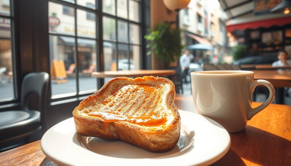 A cozy café nestled in a quaint Singapore street, sunlight streaming through large windows illuminating a plate of perfectly toasted kaya toast. The crisp golden-brown bread, lightly charred at the edges, is generously slathered with rich, velvety kaya jam - a beloved local specialty. Alongside, a steaming cup of strong, aromatic coffee completes the quintessential Singaporean breakfast experience. The scene exudes a sense of quiet contentment, inviting the viewer to savor the simple pleasures of this underappreciated culinary delight. The image is captured with a warm, vintage-inspired aesthetic, emphasizing the timeless, homely charm of this hidden gem.