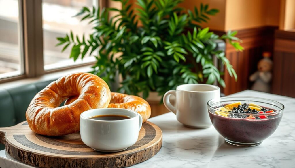A cozy café scene with a central display of freshly baked bagels, accompanied by steaming cups of aromatic coffee and vibrant acai bowls. The bagels are presented on a rustic wooden board, their golden-brown crusts glistening. The coffee cups are set atop a marble counter, their steam swirling in the soft, natural lighting. In the background, a lush, green plant adds a touch of life to the scene, while the walls feature warm, earthy tones that create a welcoming atmosphere. The overall composition is balanced and inviting, capturing the perfect pairing of a classic breakfast delight with the trendy superfood and a comforting cup of joe.