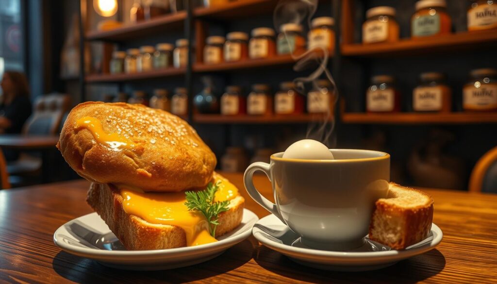 A cozy cafe setting, dimly lit with warm incandescent lighting, showcasing a delectable kaya toast dish. The foreground features a freshly toasted brioche-style bread, slathered with a thick, glossy layer of creamy, golden-hued kaya spread. Expertly placed on a simple white ceramic plate, the toast is accompanied by a small bowl of soft-boiled eggs and a sprig of fresh coriander for garnish. In the middle ground, a vintage-inspired coffee mug filled with aromatic, steaming hot coffee sits alongside the toast, creating a captivating and inviting atmosphere. The background gently blurs, revealing the cafe's rustic wooden shelves stocked with jars of premium kaya preserves, hinting at the hidden gems and specialties within.