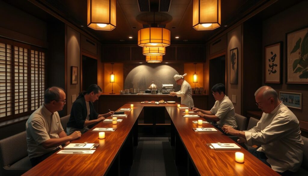 A cozy, dimly lit 10-seat omakase dining room with a serene, intimate ambiance. The center of the frame features a long, polished wooden table, surrounded by traditional Japanese decor elements like hanging lanterns, noren curtains, and minimal artwork. The chefs, dressed in crisp white uniforms, work meticulously behind a wooden sushi counter, their movements captured in a shallow depth of field. Soft, warm lighting from overhead fixtures and candles casts a golden glow, creating a sense of tranquility. The guests, seated at the table, are engrossed in their multi-course omakase experience, their expressions one of quiet appreciation. The overall mood is one of refined elegance and thoughtful presentation.