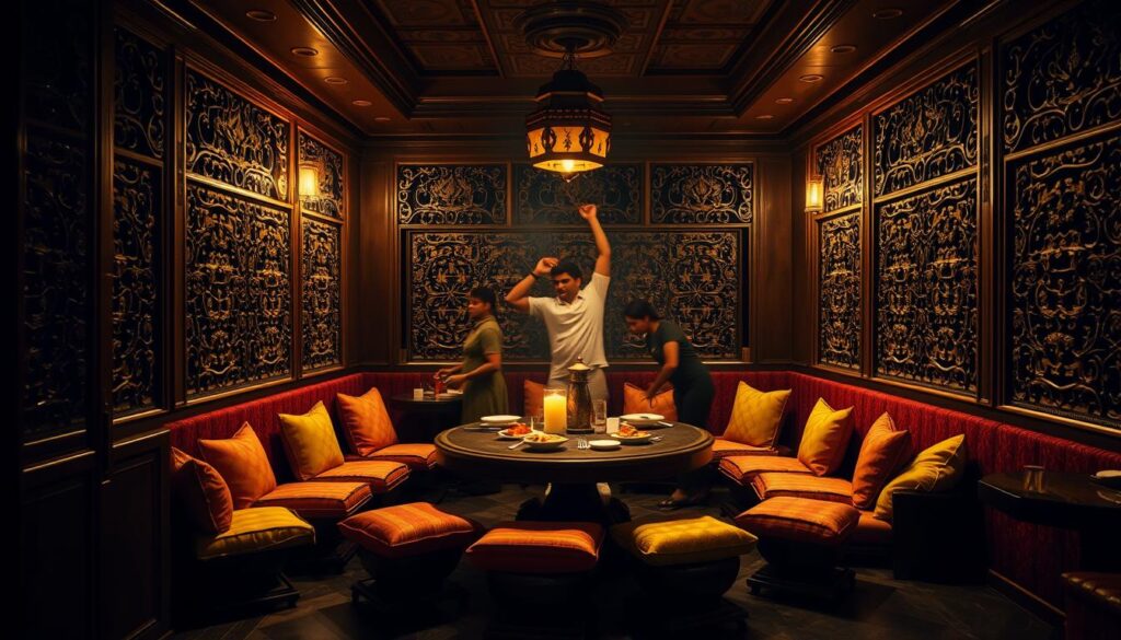 A cozy, dimly lit South Indian restaurant with warm, earthy tones. Ornate carved wooden screens and intricate wall carvings create an authentic ambiance. The centerpiece is a large circular table surrounded by colorful silk cushions and low stools. Brass lamps cast a soft glow, illuminating the scene. Fragrant spices fill the air as servers expertly maneuver between tables, delivering delectable South Indian delicacies. An atmosphere of relaxed sophistication, inviting diners to linger and savor the flavors of the region.