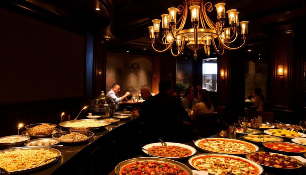 A cozy, dimly lit dining room sets the stage for an authentic Italian culinary experience at Luce. In the foreground, a lavish buffet table overflows with an array of tempting dishes - fresh pastas, sizzling pizzas, and decadent desserts. Overhead, a warm chandelier casts a golden glow, accentuating the rich, textured walls and polished wood accents. In the background, the space is adorned with themed decor, transporting diners to the heart of Italy. Patrons savor each bite, immersed in the lively ambiance and the tantalizing aromas that fill the air, creating an unforgettable night of Italian indulgence.